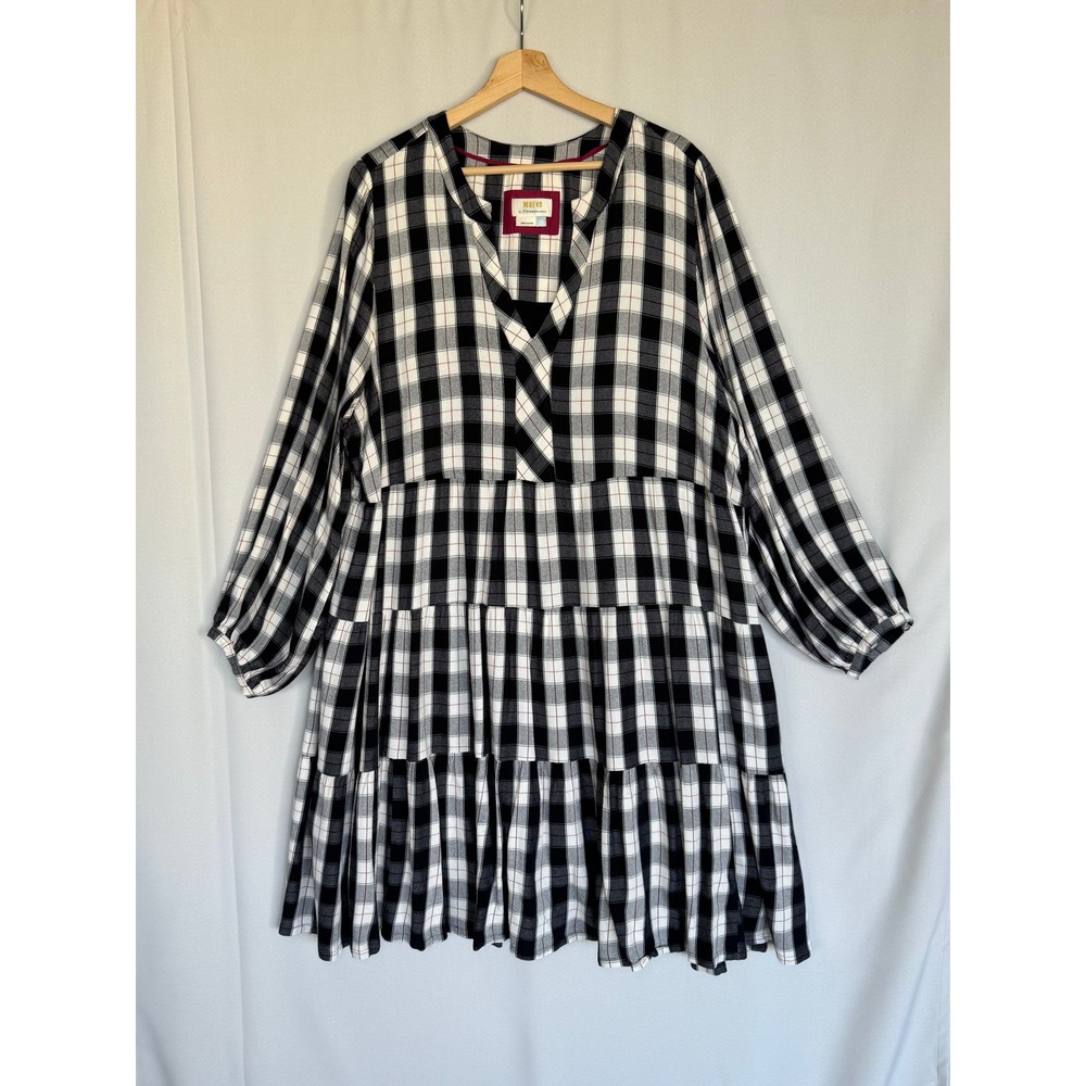 Anthropologie Maeve Amber Black White Burgundy Plaid Long Sleeve Mini Dress 1X